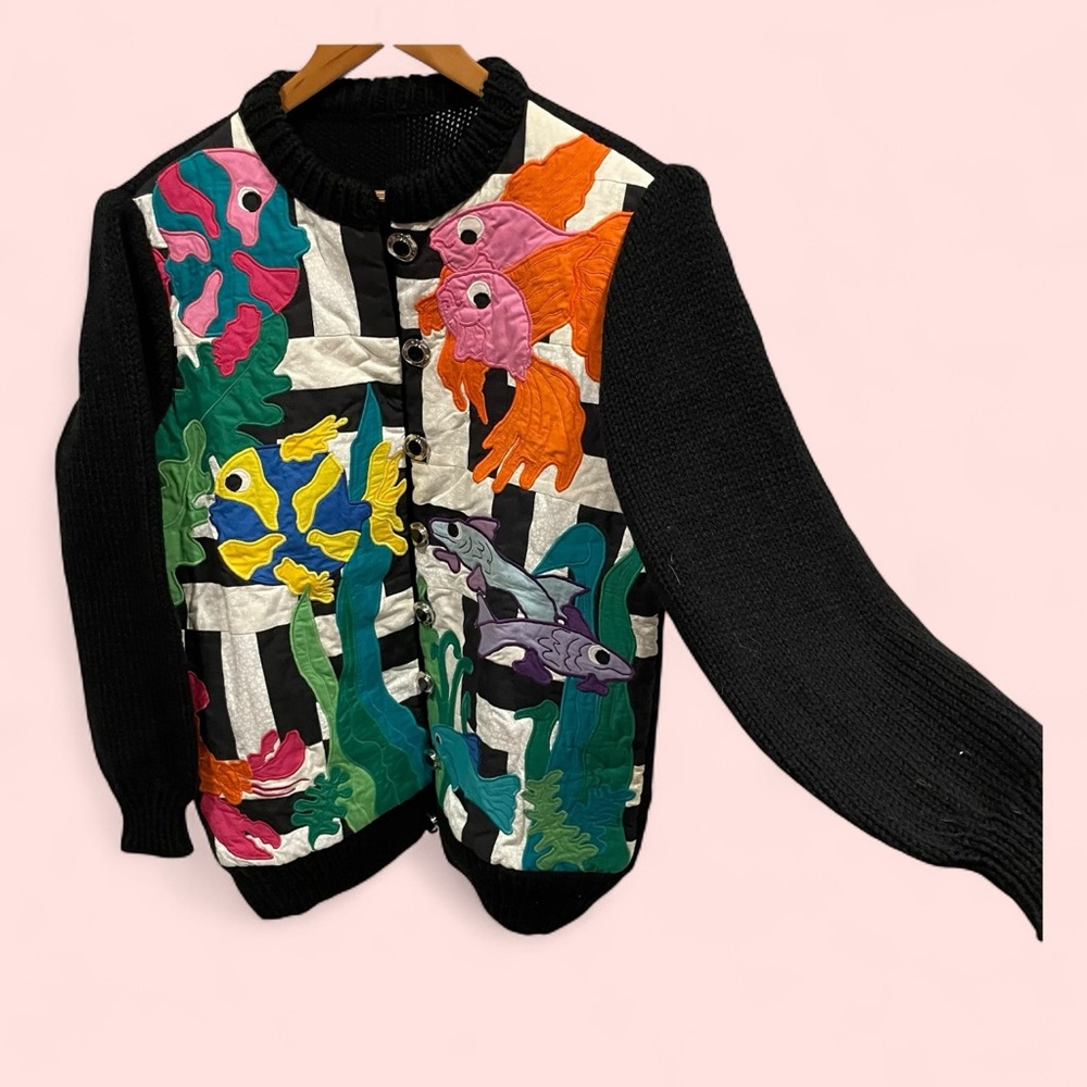 Fab fish quilted front sweater chunky button hand made oversized cardigan - Picture 2 of 12